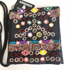 Barganza &Couture! Mirrored, beaded embroidered black silk shoulder bag